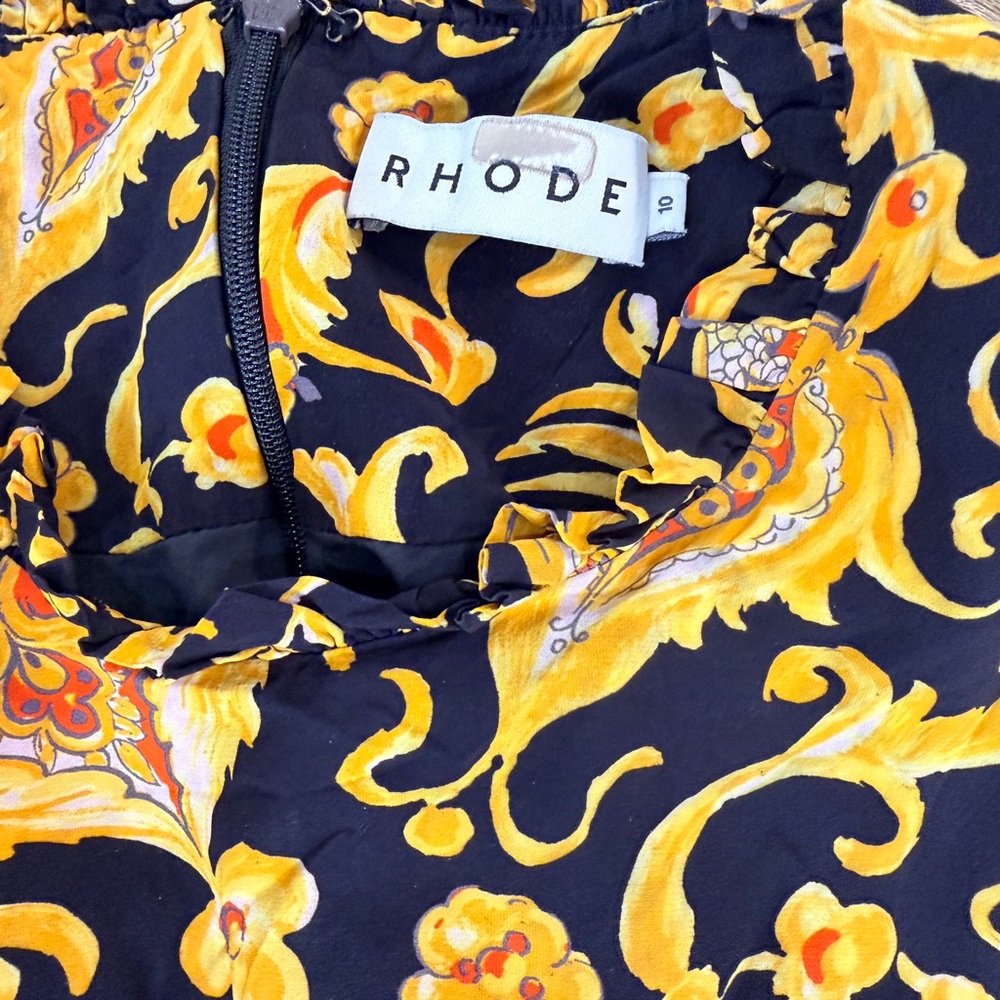 RHODE Felix Dress Black Yellow Gold Patterned Flare Midi - Picture 12 of 14